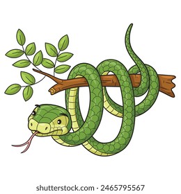 cartoon green snake on a tree branch