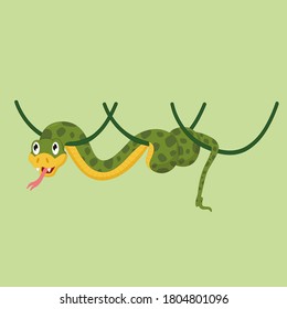 Cartoon green snake on a vine on a solid background