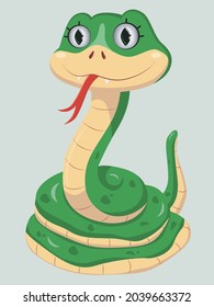 Cartoon green snake with protruding tongue and green eyes. Children's hand-drawn character. Snake logo.