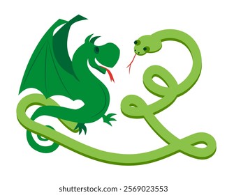 Cartoon green snake wraps around dragon. Reptile snake sticks out its tongue, representing the 2025 lunar year in Chinese zodiac and culture