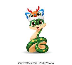 Cartoon green snake with yellow spots wears a colorful dragon hat with red antlers. Playful vector reptile snake sticks out its tongue, representing the 2025 lunar year in Chinese zodiac and culture