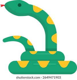 Cobra verde com manchas amarelas, enrolada com a cabeça levantada e língua bifurcada para fora, em um estilo plano e lúdico para crianças, vida selvagem ou conteúdo com tema natural.