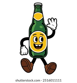 Cartoon Green Soda Bottle Character Waving Hello with a Smile