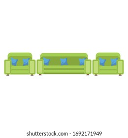 Cartoon green sofa and armchair with blue pillow , vector illustration of sofa and armchair, flat style, isolated on white background