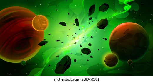 Cartoon green space background with glowing galaxy nebula and flying rocks and planets in dark starry sky. Birth of new star, explode in universe. Fantasy alien world, cosmos view, Vector illustration