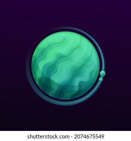 Cartoon green space planet with stripes, fantasy galaxy game and alien world icon. Green planet in fantastic universe with belt orbit, stars and craters, fantasy art cosmos and galaxy GUI