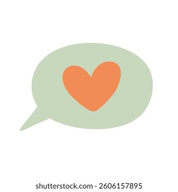 Cartoon green speech bubble with orange heart inside in flat pastel style