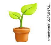 Cartoon green sprout with leaves in orange pot 3d vector icon on white background. Small potted young plant. Gardening or nature concept