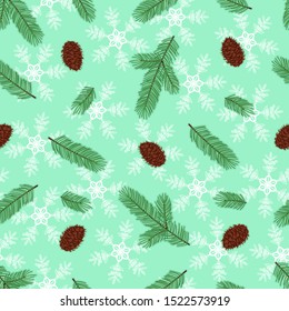 cartoon green spruce branches on winter light green background with white snowflakes and cones seamless pattern, christmas and new year paper, fabric, textile, decoration, editable vector illustration