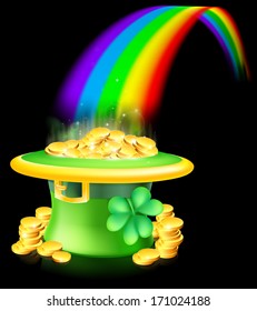 Cartoon green St Patrick??s Day lucky Leprechaun hat full of gold coins with a shamrock or clover at the end of a rainbow