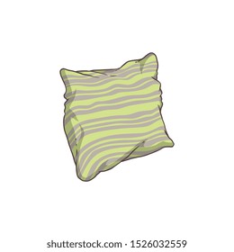Cartoon green striped bed pillow isolated on white background - hand drawn bedroom decoration seen from side view. Simple cushion with pillowcase - flat vector illustration.
