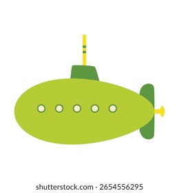 cartoon green submarine isolated on white background, flat style