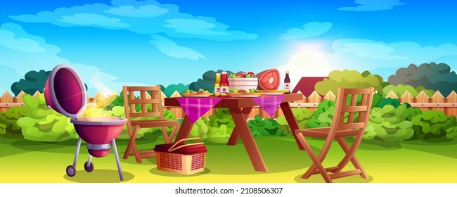 Cartoon green summer lawn on backyard with barbecue grill, wooden furniture and food on table. BBQ picnic or lunch with cooking grill, chairs, fence and bushes on home courtyard. Cookout party concept