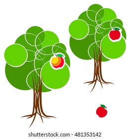 Cartoon green summer tree with a crown of circles of different diameters.