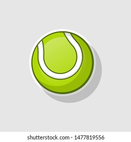 cartoon Green tennis ball. Cartoon sticker in comics style with contour and shadow. 