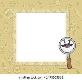 The cartoon green text box frame with magnifying glass character mascot illustration vector on white background. Education and study concept.