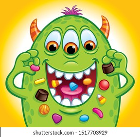 Cartoon of a green, three-eyed candy monster with horns that is eating Halloween candy with a toothy smile.