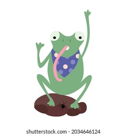 Cartoon green toad or frog eating dinner with a spider. Vector flat illustration.