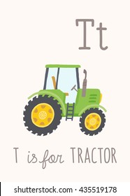 Cartoon green tractor. ABC Kids Wall Art. Alphabet Card. Nursery alphabet poster wall art. Playroom decor. T is for Tractor. Vector clipart eps 10 hand drawn illustration isolated on white background.