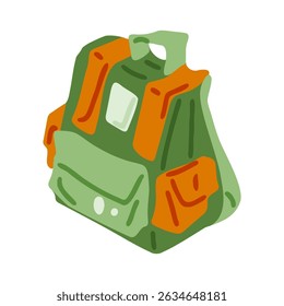 Cartoon Green Travel Backpack Icon — flat hiking bag with orange pockets and handle, stylized illustration isolated on white background, perfect for outdoor themes.






