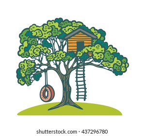 Cartoon Green Tree With Children Playhouse And Swing Tire. Vector Illustration With Playground.