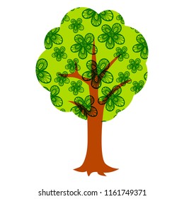 Cartoon green tree isolated on white background. Vector illustration.