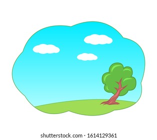 Cartoon green tree on a background of blue sky. Summer time of the year. Vector illustration with place for text.