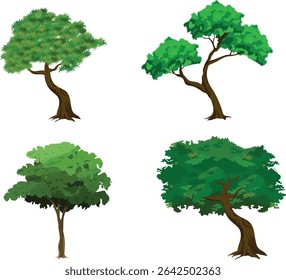 Conjunto de vetor de árvore verde do desenho animado com vários estilos de árvore e topos folhosos para o fundo da animação 2D, a cena da natureza, o design do jogo da floresta, o vídeo explicador ou os elementos educacionais da paisagem

