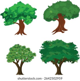 Cartoon Green Tree Vector Set with 4 Different Leafy Trees for Animation Background, Forest or Village Game Scene, Nature Explainer Video, or Educational Storytelling Illustration

