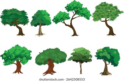 Conjunto de vetor de árvore verde do desenho animado com 8 desenhos de árvore frondosa para fundos de animação, ativos de jogo de selva ou aldeia, vídeos do explicador da natureza, paisagem da floresta e projetos de ilustração educacional

