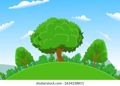 Cartoon Green Trees Background Vector, Green Trees Landscape Illustration