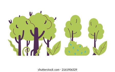 Cartoon green trees and bushes, flat vector illustration isolated on white background. Spring or summer plants. Park, forest or woods nature elements. Climate change and environment concepts.
