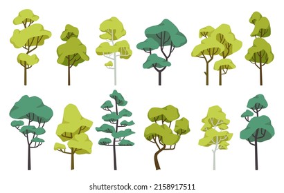 Cartoon green trees for forest or park nature landscape. Plant with trunk and leaves. Woodland environment. Flat tree vector set