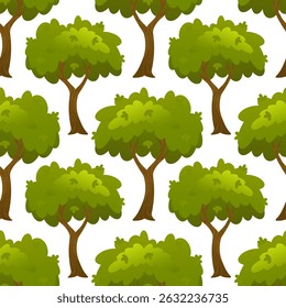 Cartoon green trees with lush foliage and brown trunks arranged in seamless repeating pattern. Flat vector background illustration. Forest and nature concept. Design for wallpaper, textile, print