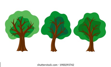 Cartoon green trees: oak, maple, ash or linden. Isolated summer trees with different branches. Trees for the forest, park, grove, garden. Flat vector illustration.