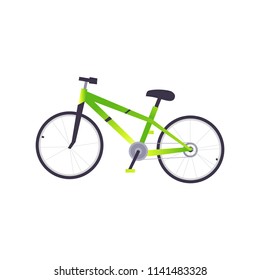 Cartoon green trendy bike icon. Sport and travelling equipment. Active livestyle vehicle. Cycling workout and training object. Vector illustration.