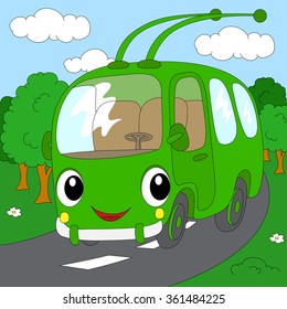 Cartoon green trolleybus in the forest road. Vector illustration