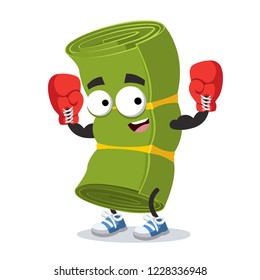 Cartoon Green Twisted Yoga Mat Mascot In Red Boxing Gloves On White Background