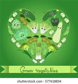 Cartoon green vegetables laid out in the shape of a heart. Funny: vegetable marrow cucumber, pepper, cabbage, asparagus, artichoke, peas, broccoli, olives, green onion, lettuce - Vector Illustration