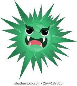 Cartoon Green Virus With Angry Expression and Spiky Appearance