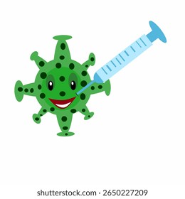 A cartoon green virus or germ with a smiling face being injected by a blue syringe, symbolizing vaccination or treatment