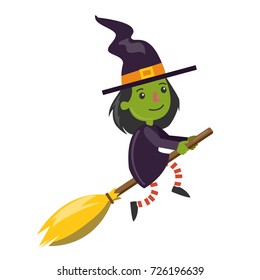 Cartoon green witch flying on broomstick on white background.