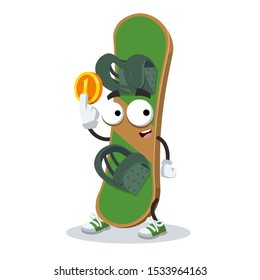 cartoon green wooden snowboarding board  mascot keeps the coin on white background