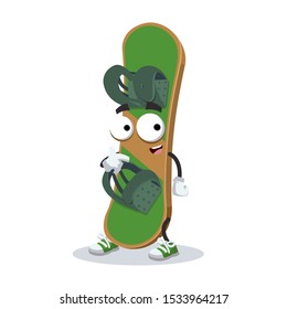 cartoon  green wooden snowboarding board  mascot showing himself on a white background