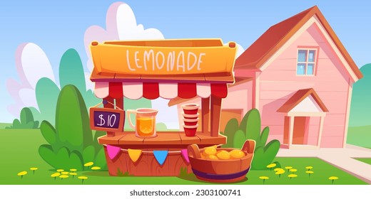 Cartoon green yard with lemonade stand. Vector illustration of rural house backyard, colorful small shop selling cool citrus drink on hot sunny day under blue sky with white clouds. Summer beverage