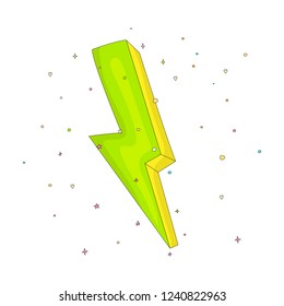 Cartoon green an yellow lightning icon with decoration elements. Simple fun cartoon lightning on white background icon. Green power lightning with decoration.