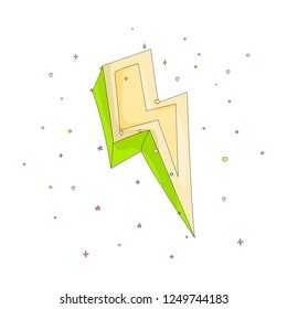 Cartoon green an yellow lightning icon with decoration elements. Simple fun cartoon lightning on white background icon. Green power lightning with decoration.