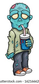 Cartoon green zombie drinks soda