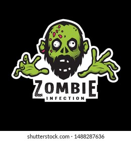Cartoon green zombie, outbreak infection, emblem on a dark background.