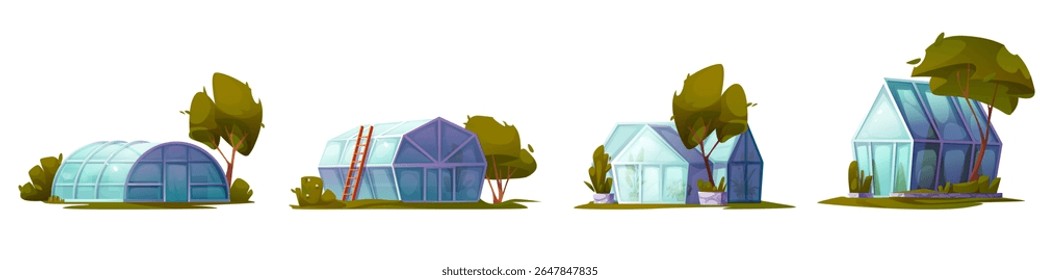 Desenho animado jardim de estufa conjunto com cúpulas de vidro azul rodeado por árvores, arbustos, escada de madeira. Edifícios modernos de conservação botânica para a criação de bens de caça ou ilustrações agrícolas.